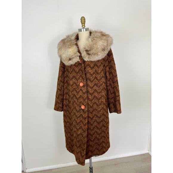 True Vintage Rare 60s 70s Penny Lane Coat Jacket Large Fur Collar Boho Knit - Picture 7 of 16